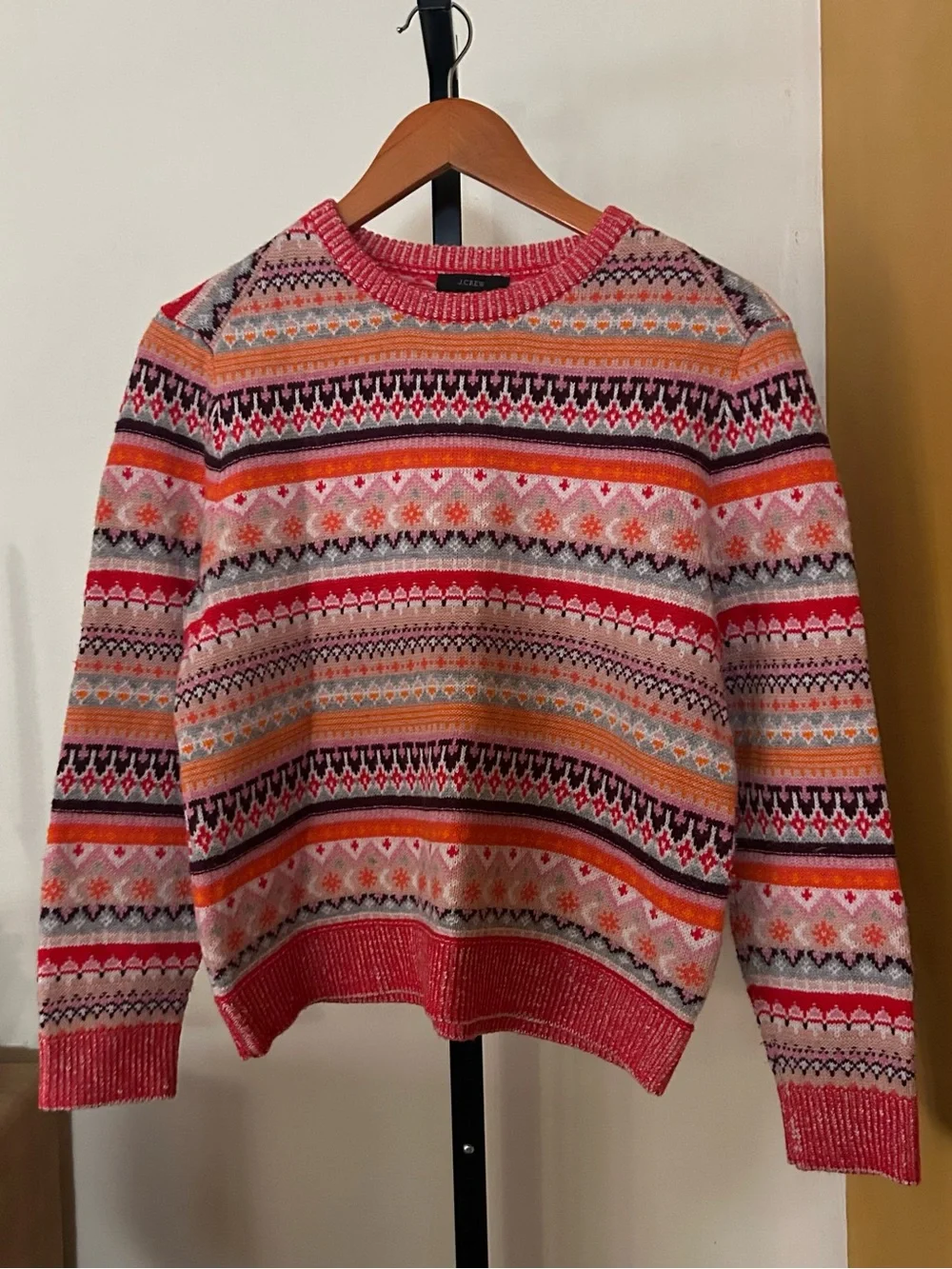 J. Crew Fair‎ Isle Cropped Crewneck Sweater Lambswool Pink Orange Size Small